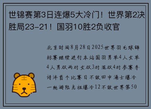 世锦赛第3日连爆5大冷门！世界第2决胜局23-21！国羽10胜2负收官